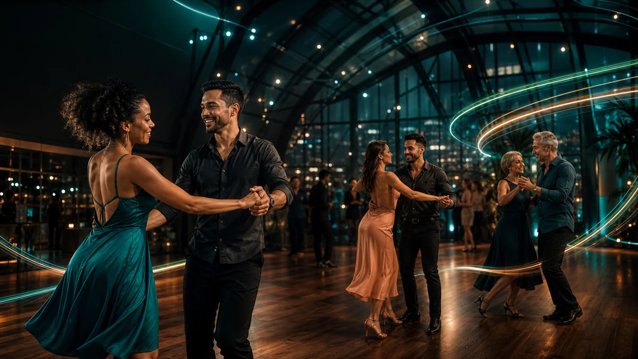 Illustrative artwork of couples sharing a social dance evening